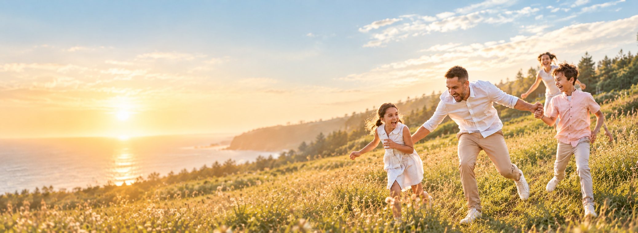 A family walking together along a sunlit coastal path