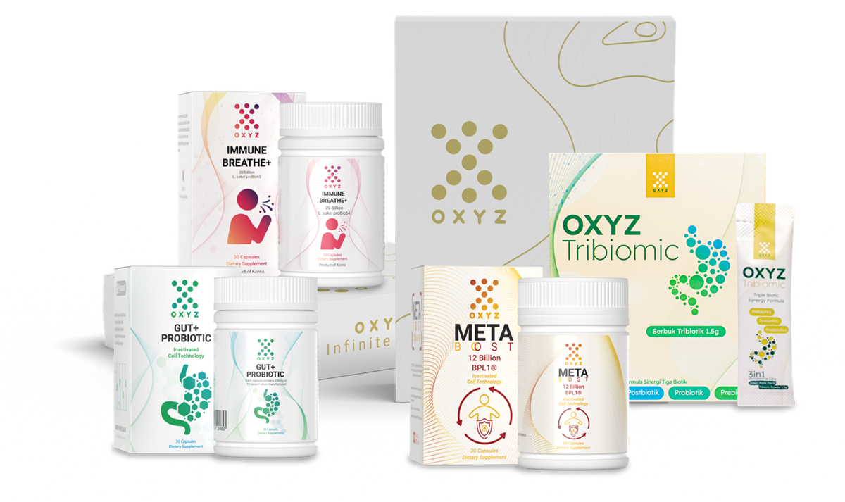 OXYZ product lineup — Gut+ Probiotic, Meta Boost, Infinite MSC, Immune Breathe+, OXYZ Tribiomic